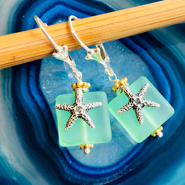 Square Starfish Seaglass Earrings
